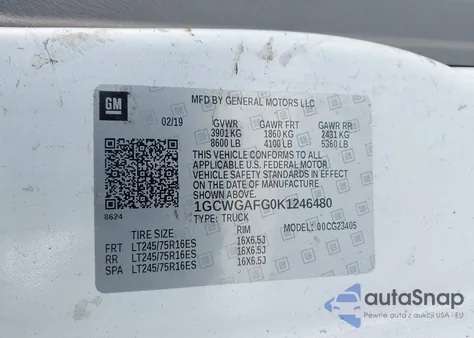 2019 Chevrolet Express 2500 Work Van from USA, damaged, VIN 1GCWGAFG0K1246480